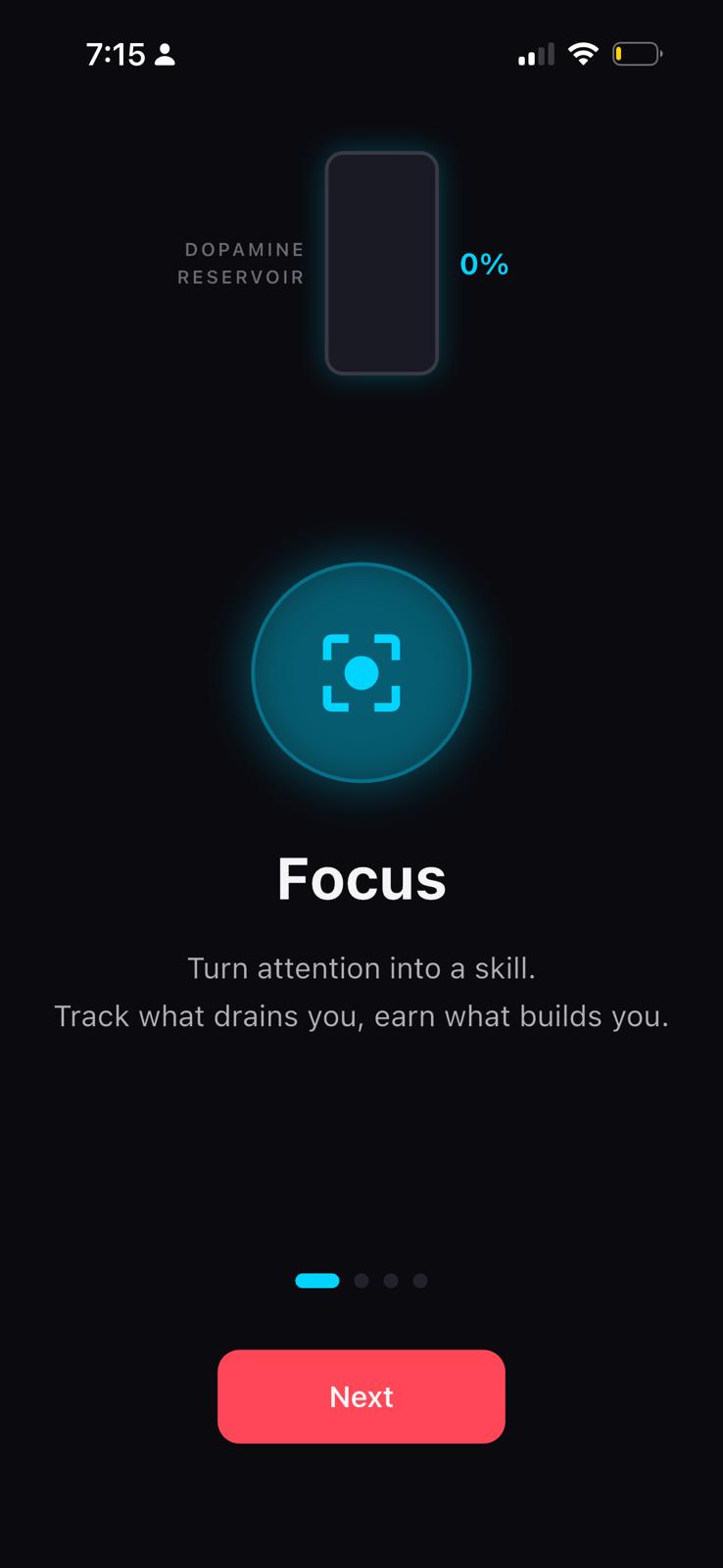 Dopamine Budget app main screen showing daily dopamine tracking and focus management dashboard