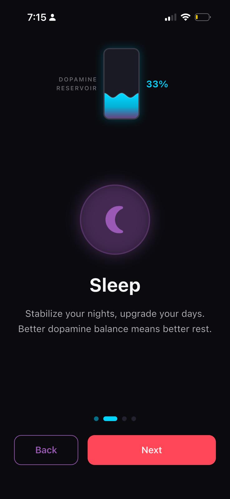 Dopamine Budget sleep mode screen for overnight dopamine baseline recovery