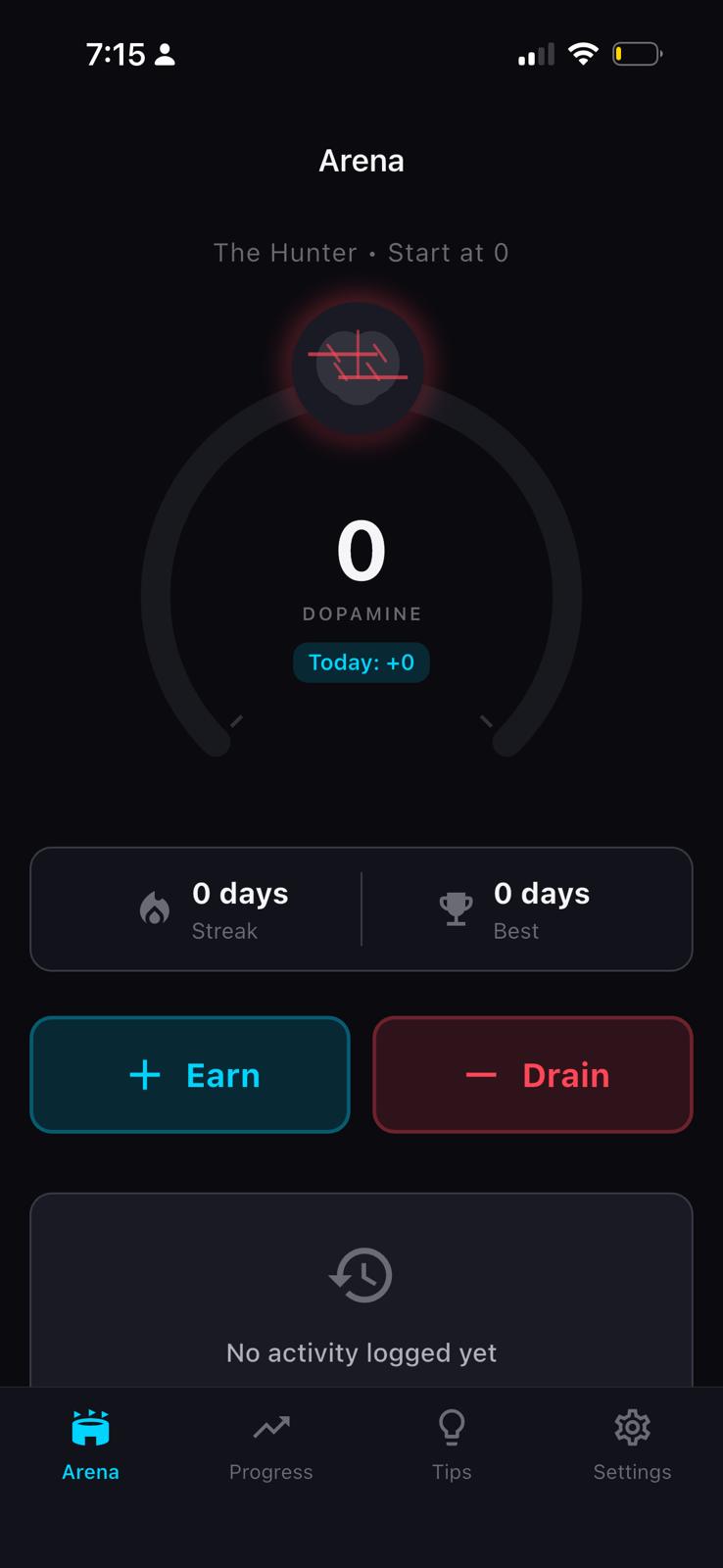 Dopamine Budget arena dashboard showing real-time dopamine balance and daily reward system tracking